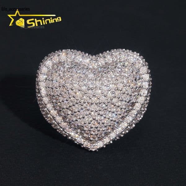 Bulk Stock New Arrivals Drop Shipping Hip Hop Fire Jewelry S925 Solid Silver Fully Iced Out VVS1 Moissanite Diamond Heart Ring