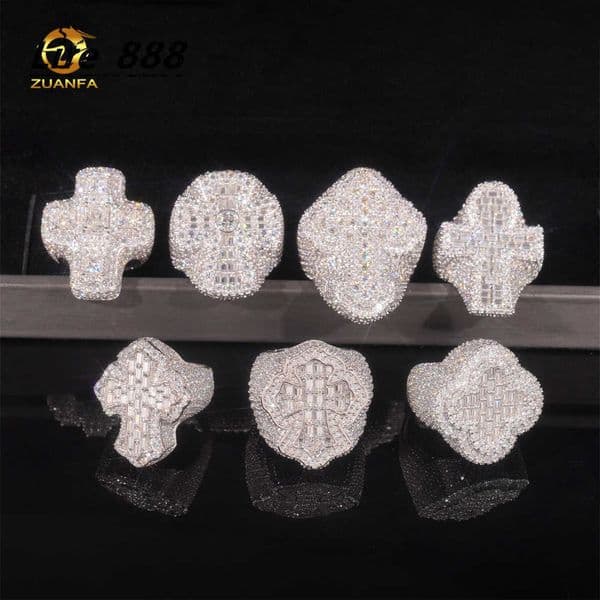 Iced Out Cross Ring 925 Sterling Silver VVS Moissanite Baguette Diamond Hip Hop Jewelry for Men Rapper