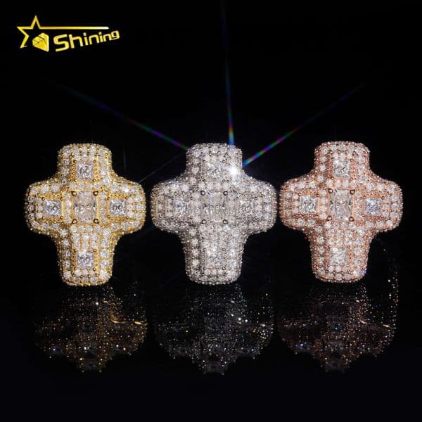 Luxury High Quality Hip Hop Jewelry Fully Iced Out 925 Sterling Silver Gold Plated Moissanite Cross Ring