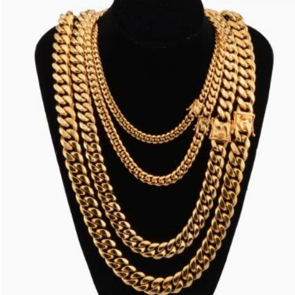 18K Gold Miami Cuban Link Chain Necklace Men Hip Hop Stainless Steel Jewelry Necklaces Cuban Chain Head Buckle Necklace