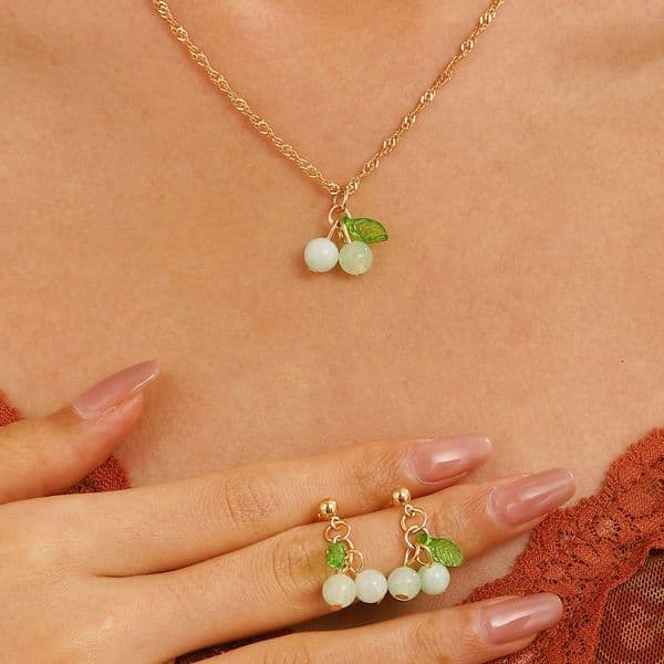 18K Gold Plated Free shipping Red Collarbone Chain Jewelry Set for Women Leaf Pink Green Cherry Pendant Necklace Earrings Accessories - Gift