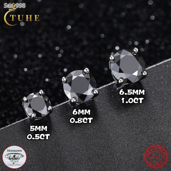Fine Jewelry Mens 925 Sterling Silver Pass Diamond Tester Black VVS Moissanite Screw Back Solitaire Stud Earrings for Women