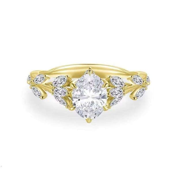 Moissanite oval cut cluster floral with gold-plated leaf design, original 925 silver ring for women, unique charm, bridal gift