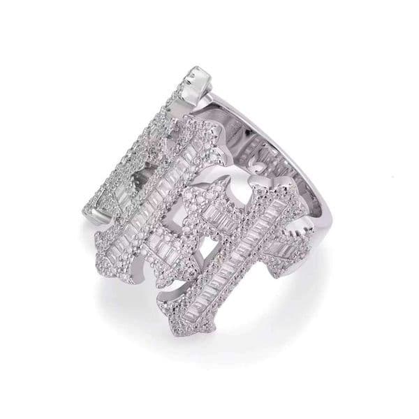 Custom Christian Gothic Cross Ring in 925 Sterling Silver with Ice Crystal Moissanite, Brilliant Cut, Hip-Hop Style, Gold Rhodium Plated