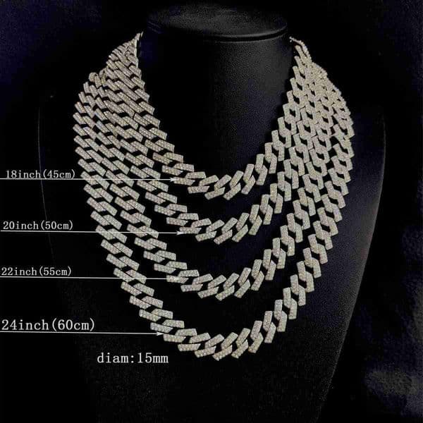 15mm Zinc Alloy Full Diamond Bamboo Chain European American Mens Double Row Four-Sided Hip-Hop Necklace Jewelry