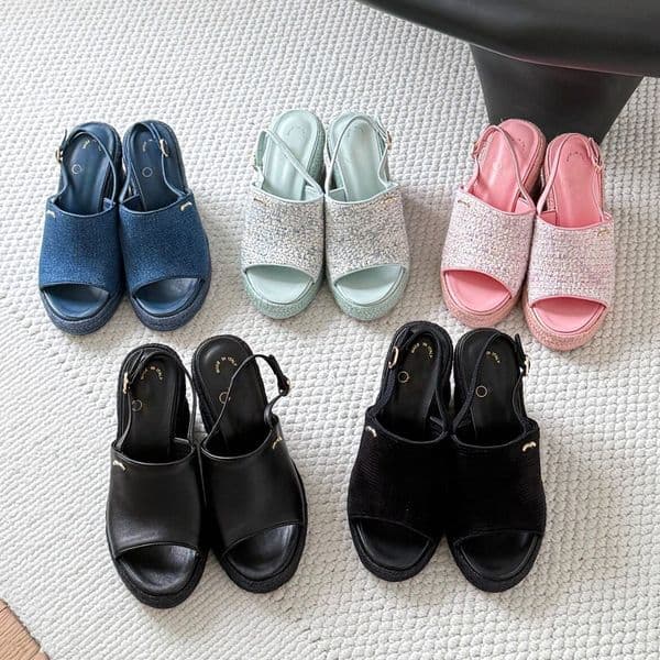 Summer Denim Wedge Heel Sandals beach shoe woman slingback sandal Leather round toe slide High heels sandale Casual slipper luxury canvas Ballerina dress wed shoes