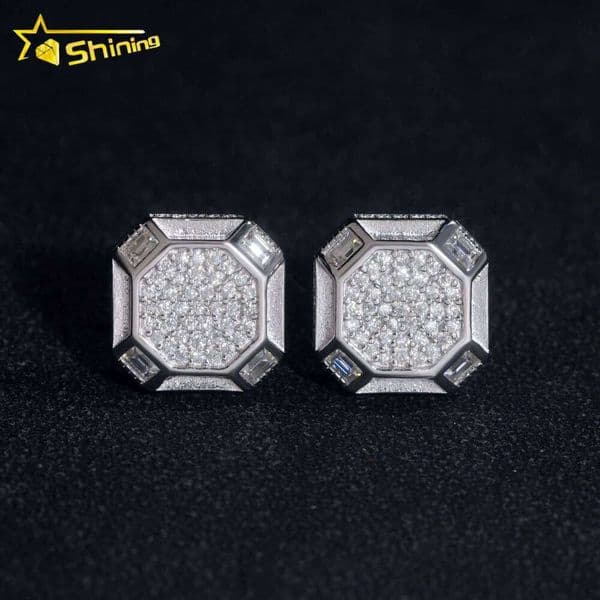 New Style Square Shape 925 Sterling Silver Stud High Quality Hip Hop Iced Out VVS Moissanite Earrings