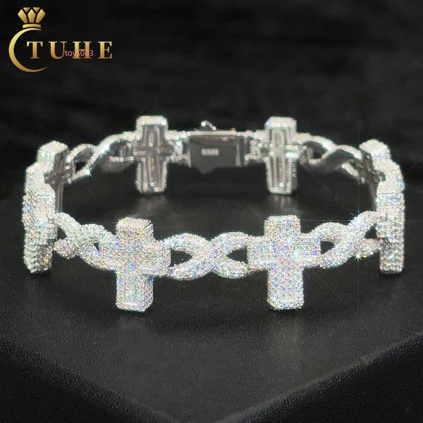 925 Sterling Silver 15mm Iced Out Infinity Cross Cuban Link Bracelet With VVS Moissanite Diamond Rose Gold Hip Hop Style Parties