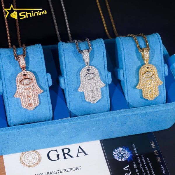 Design High Quality Silver 925 Pendants VVS Moissanite Diamond Mossanite Hip Hop Fine Jewelry Iced Out Diamond Moissanite Hamsa Hand Pendant