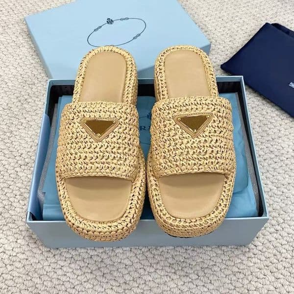 Designer Slippers luxury Slides Top Quality Designer Casual shoe sandals women men triangle Sliders fashion sandal Raffias Straw weave platform shoes Slide beach