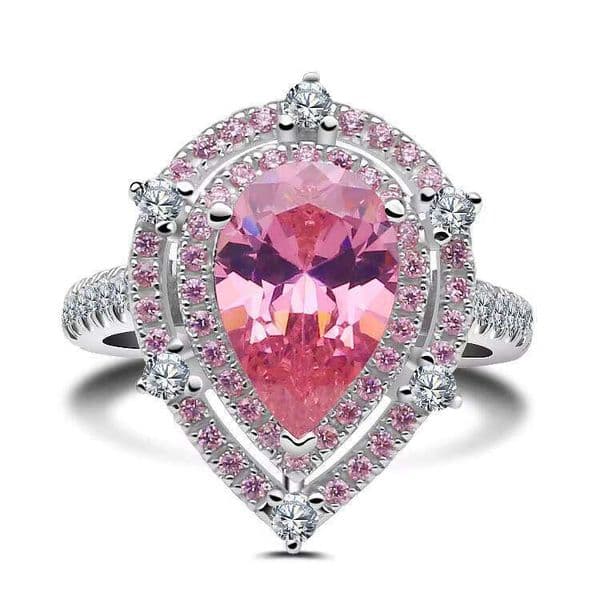 Pink pear-cut pyrope ring S925 double halo design with separate shank diamond set women's wedding gift