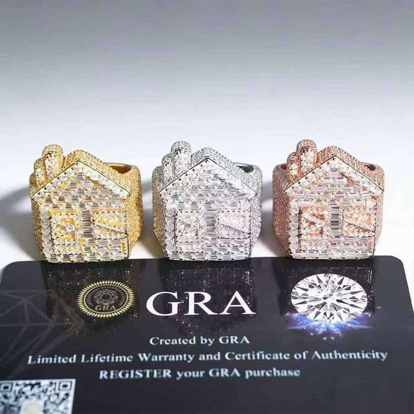925 sterling silver house-shaped ring, diamond-encrusted moissanite hip-hop jewelry, high-quality passes diamond test