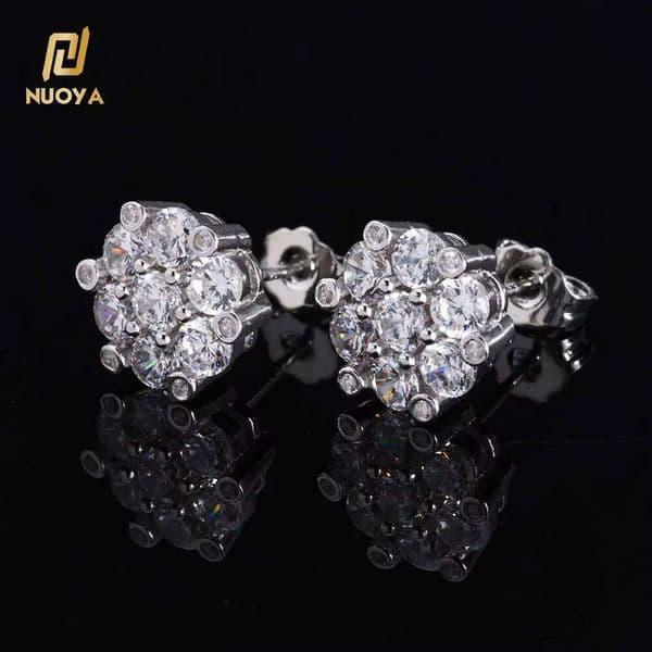 NUOYA Fashion Jewelry Iced Out Diamond Earring Gold Silver Color Bling Round Brilliant Cut Ice with VVS moissanite Flower Stud Earrings for Women