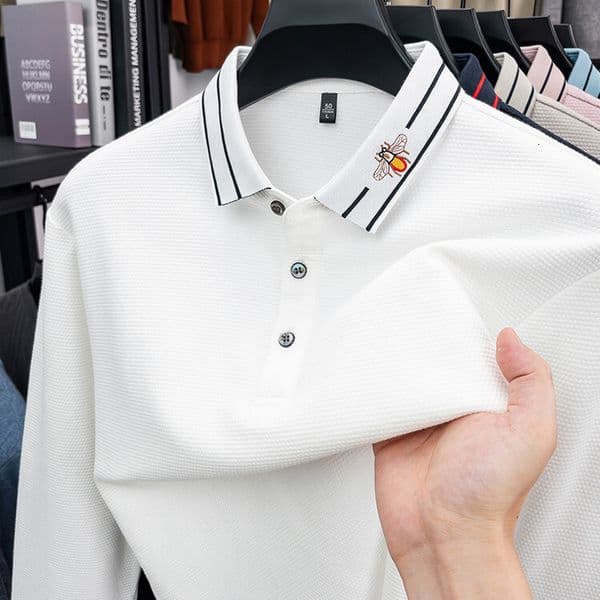 Luxury Designer Men's Long Sleeve Polo Shirt Premium Waffle Knit Bee Embroidery Collar High-end Business Casual Top Elegant Exclusive Craftsmanship For Gentlemen