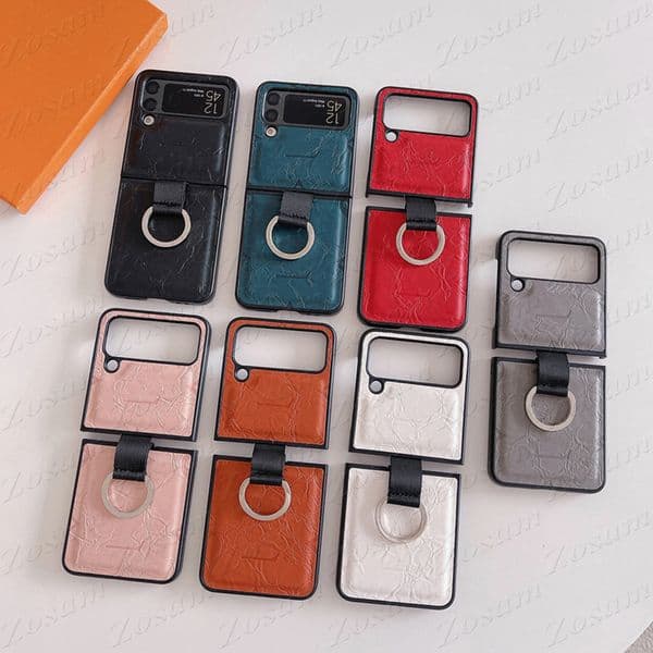 Brand Designer Leather Phone Case for Samsung Z Flip 7 6 5 4 3 Engraved Embossing Letter TPU Shell Galaxy Flip7 Flip6 Flip5 Flip4 Flip3 Anti-skid Finger Ring Hook Cover