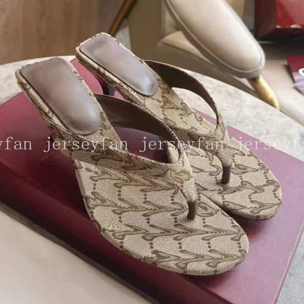Women Monogram Canvas Sandals Kitten Heel Genuine Leather Slip On Mules Luxury Inspired Summer Dress Flip Flops for Vacation 35391