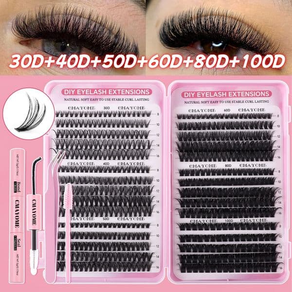 DIY Eyelash Extension Kit with Lash Bond & Seal Strong Hold Fluffy Wispy Lash Clusters D Curled DIY Individual Eyelashes Soft Lightweight Natural Look Lashes