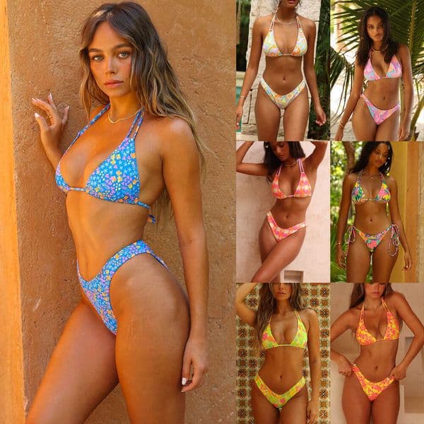 three-piece bikini with printed straps, foreign trade swimwear
