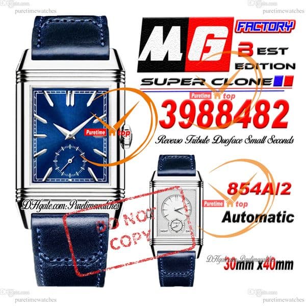 Classic Duoface Small Seconds A854A Automatic Mens Watch 3988482 MGF Steel Case Blue Silver Stick Dial Leather Strap CHS Puretimewatches Reloj Hombre