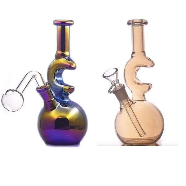 Thick heady Rainbow metal plating colorful glass oil burner bong Moon shape water tobacco bongs pipe colored smoking pipe for smoking with downstem banger bowl