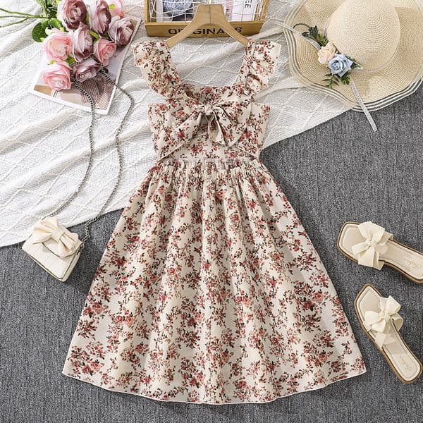 New Girl's children's clothing summer fashion floral ruffle edge suspender bow temperament big swing dress