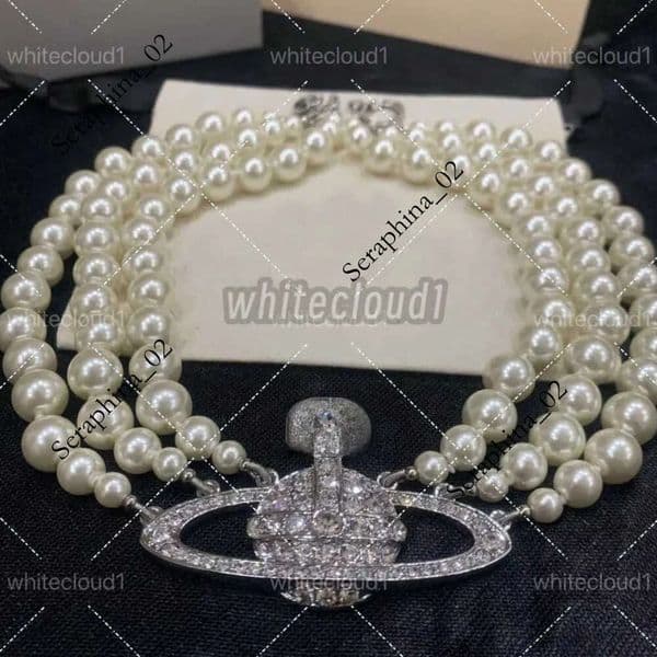 Designer Planet Necklaces Three rows of pearls Sier Gold Moissanite Colorful Pin Saturn Necklace Royal Party Elegant Pearl necklace 10