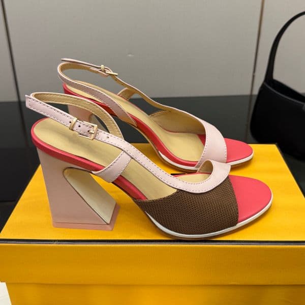 designer shoes women shoes Pink Medium-heeled sandal in light blue knit and dark brownnappa leather luxury shoes Mixed Color designer women oachshoes sandals