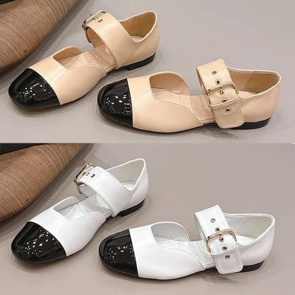 Chic Lady Round Toe Mary Jane Flats Adjustable Strap Luxurious Leather Two Tone Shoes Versatile Casual Footwear Women Daily Travel Outings