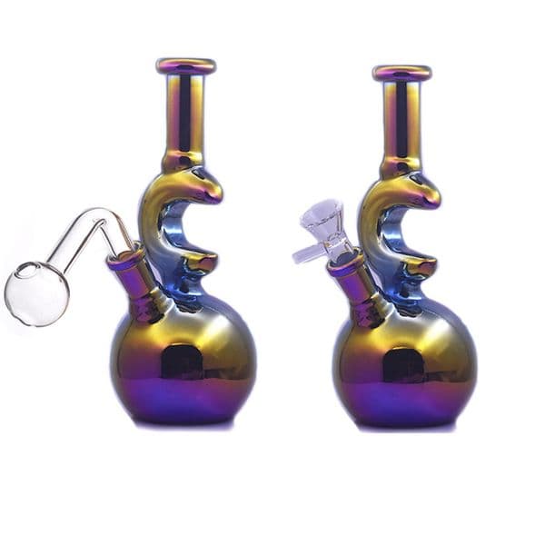 Wholesale Rainbow metal plating colorful glass oil burner bong Moon shape water tobacco bongs pipe colored smoking pipe for smoking with downstem banger bowl