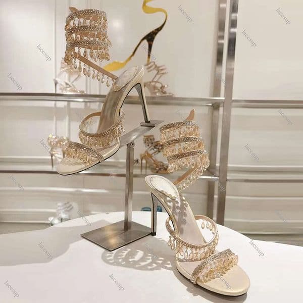 Crystal Chandelier High-heeled Sandals Women's Fairy Style Diamond Serpentine Wrapped Roman High Heels 10cm Designer Banquet Dress Shoes Size 34-43