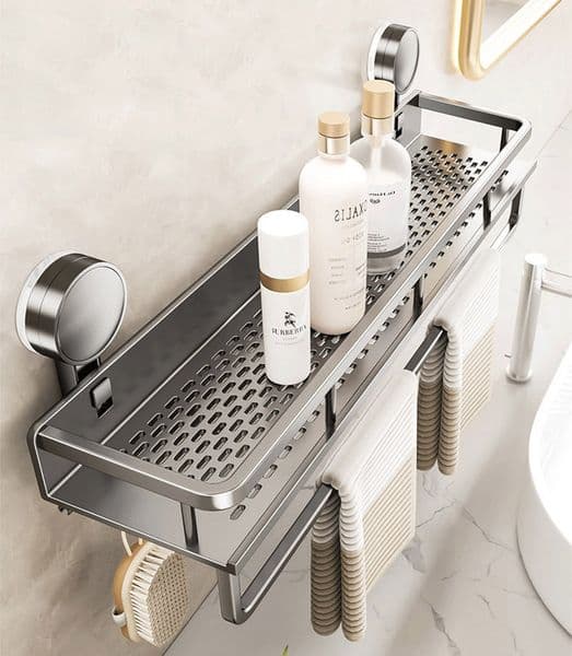 Suction Cup Bathroom Shelf with Towel Bar, No Drill Removable Shower Caddy, Gunmetal Gray Vacuum Suction Bathroom Organizer with Hooks