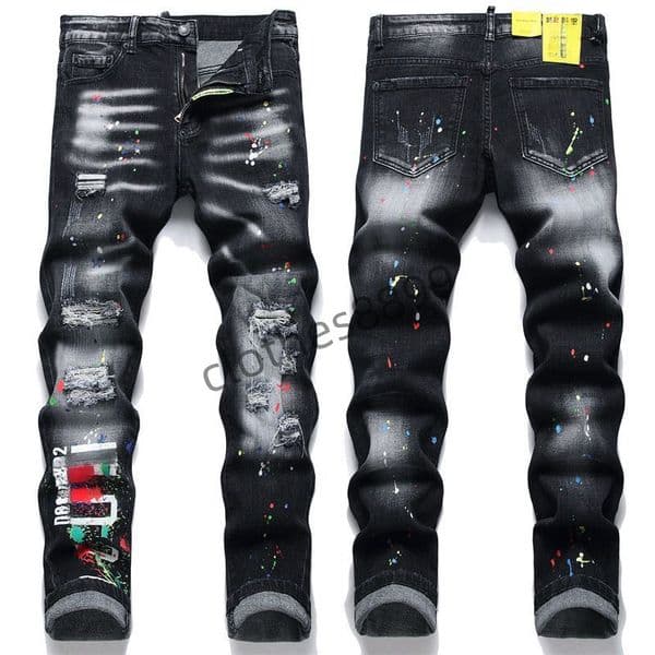 Designer jeans Light Luxury D2 High Version Jeans for Men Black Ink Splash Slim Fit Small Foot Print Frayed Hole Patch Ink Splash Craft