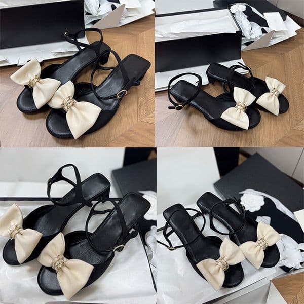 Designer Black Bow Low Heeled Sandals Ladies Classic Strap Buckle Flat Shoes Womens Fashion Travel Casual Sandal Genuine Leather Outsole Sizes 35 41