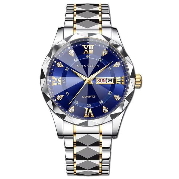 Newest Men watch luminescent diamond-shaped spire glass design with calendar trendy casual wristwatch quartz movement for men