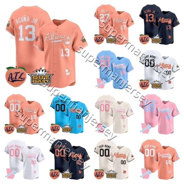 Stitched Atlantas Braves baseball jersey Austin Riley 27 Ronald Acuna Jr 13 Matt Olson Chipper Jones 10 Deion Sanders 24 Greg Maddux 31