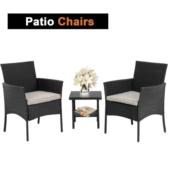 3 Pieces Outdoor Patio Furniture Wicker Table and Chairs Set Bar Set with Cushioned Tempered Glass Black