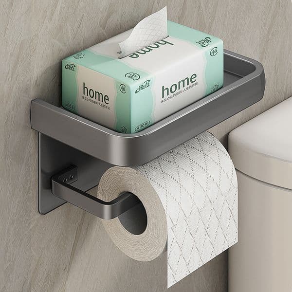No Drill Toilet Paper Holder with Shelf, Space Aluminum Bathroom Tissue Roll Holder with Phone Storage, Rustproof Wall Mounted Tissue Rack