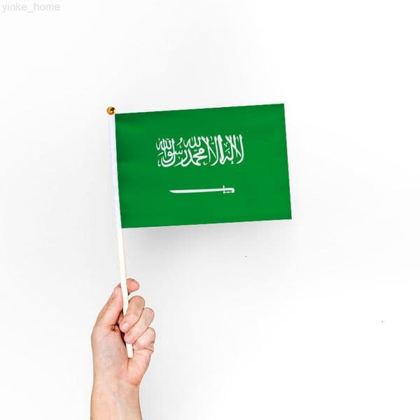 30Pcs/Set Saudi Arabia Hand Waving Flag Mini Handheld National Flags With Flagpole 14x21cm Polyester Double-sided Pattern