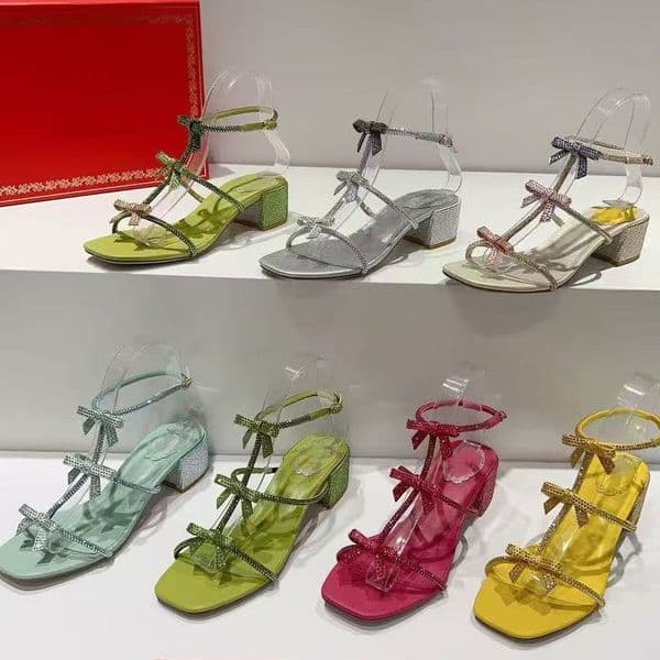 Elegant Design Name Cleo stiletto Heel sandals for womens shoe chunky heels bow Crystal caovilla studded Snake Strass shoes Designers Ankle Wraparound 35-43 with box