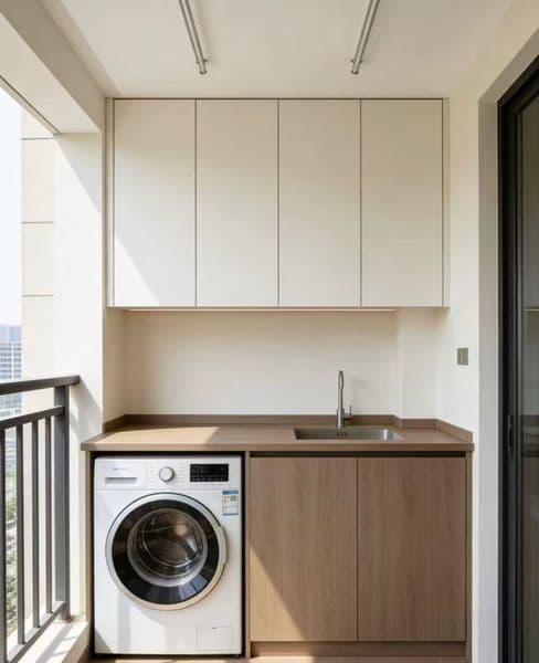 Custom cabinet for washing machine. Storage cabinet. Balcony cabinet. Furniture. Furniture decoration. Integrated cabinet for balcony wash basin.