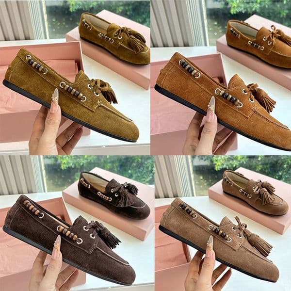 Designers Suede Deck Shoes With Tassels 5D518E Womens Tassel Loafers Threaded Wooden Beads Suede Apron Tassels Leather lining Rubber Sole Size 35 41