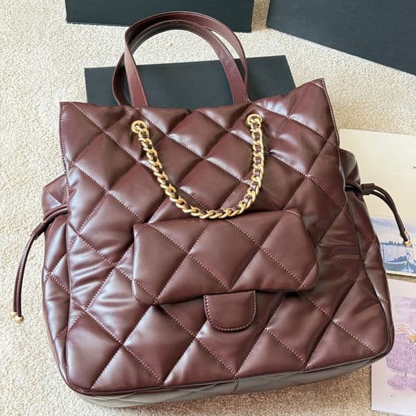 25Ss Designer Lambskin Real Leather Drawstring Bucket Tote Shoulder Bag Large Capacity Handbags Strong Jumbo XL Diamond Lattice Quilted Luggage Pocket 33x32cm