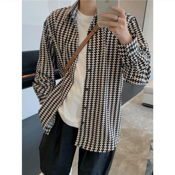 2026 Autumn Korean Version Houndstooth Designer Shirt Niche Grid High-end Feeling Long Sleeved Shirt Fashionable Men's Classic Loose Top Wholesale