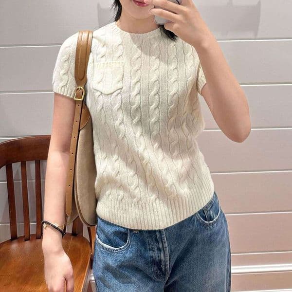 2026 Spring/Summer New Designer Wool Knitted Round FC FC Neck Short Sleeve T-shirt with Pocket and Spurs Embroidery Top