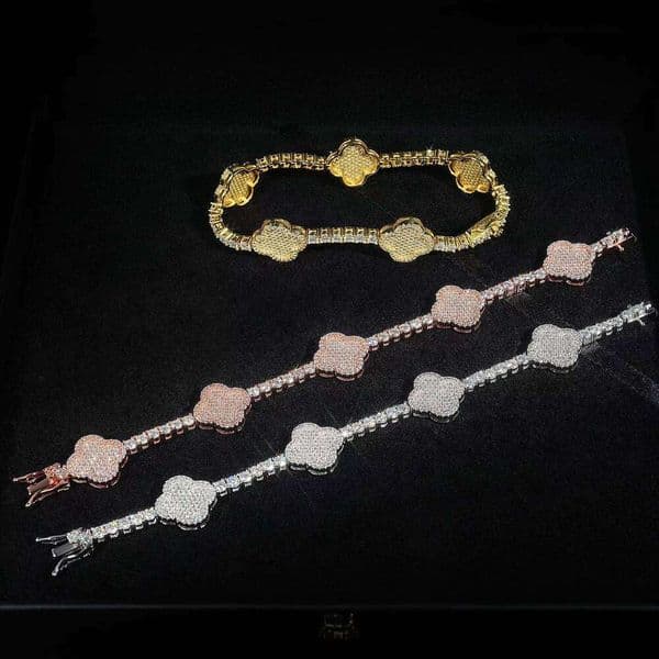 Fine Jewelry 3mm 4mm 925 Sterling Silver Gold Plated Clover Bracelet Hip Hop Iced Out VVS Moissanite Lucky Grass Bangle