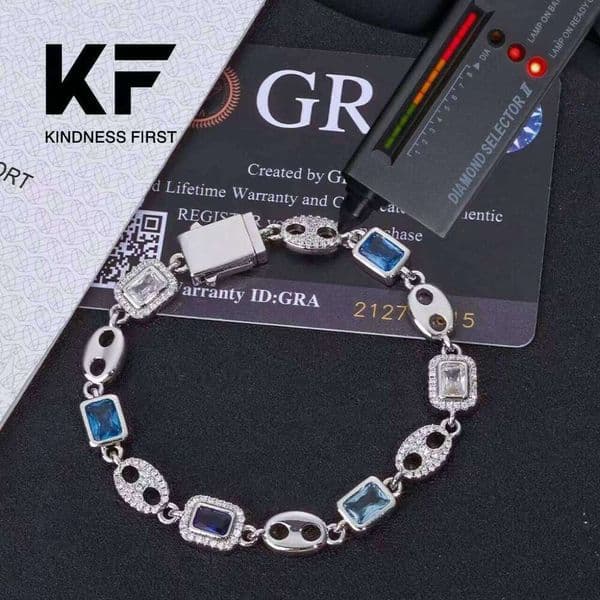 S925 Pure Silver Moissanite Pig-nose Chain Bracelet with Colorful Gemstones. Hip-hop Style Customizable Jewelry.