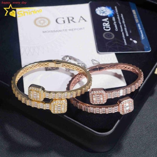 Fine Jewelry Sterling Silver 925 Fashion Iced Out VVS Baguette Moissanite Cuban Link Diamond Bracelet Bangles
