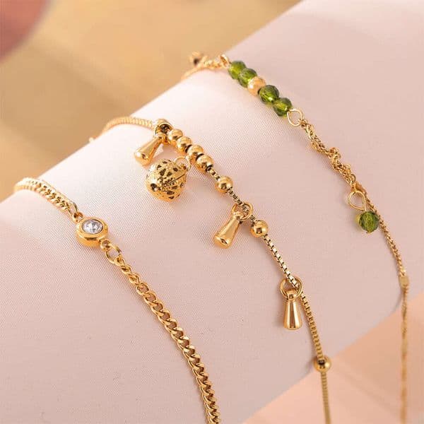 Ins Style Titanium Steel for Women, Internet Celebrity Same Style, Hollow Exquisite Ball Bell Round Bead Green Crystal Anklet Jewelry