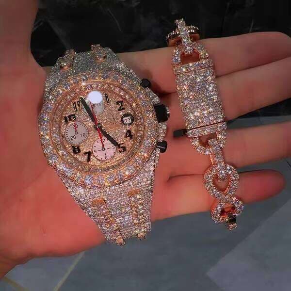 Luxury Gold Plated Automatic Diamond Watches Brilliant Cut Iced Out Jewelry Hip Hop Fully VVS Moissanite Watch for Men