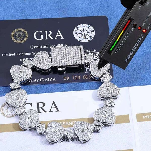 European American Advanced Sense S925 Silver Moissanite Men's Bracelet 15mm US Money Bag Cuban Chain Jewelry Fashionable
